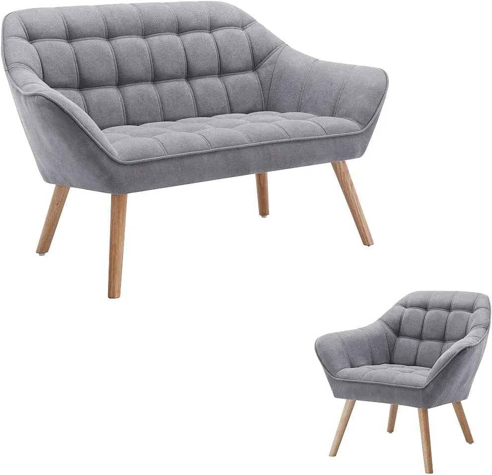 Canapé 2 Places et Fauteuil en Tissu Gris Clair - Modèle Caserta