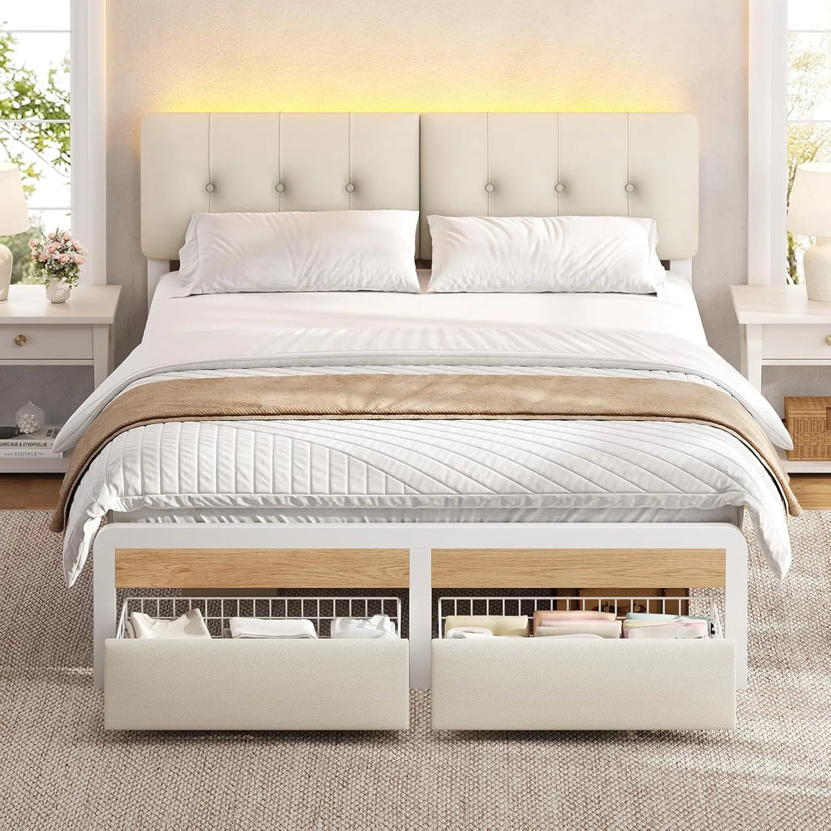 Lit Double 140x190 en Lin Blanc avec Éclairage LED et Tiroirs