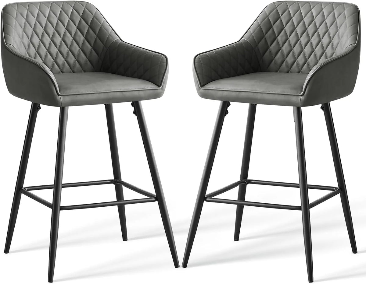Paire de Tabourets de Bar Gris en Similicuir avec Dossier et Accoudoirs
