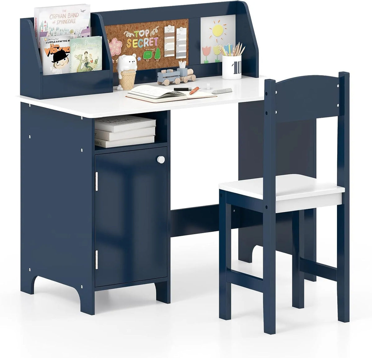 Ensemble Bureau Enfant avec Chaise et Bibliothèque, Table en Bois avec Armoire de Rangement, Capacité 50/90kg, Âge 3 Ans et Plus, Bleu