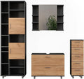 Ensemble de Salle de Bain Ilias, Chêne Doré et Anthracite, 4 Éléments avec Armoire Haute