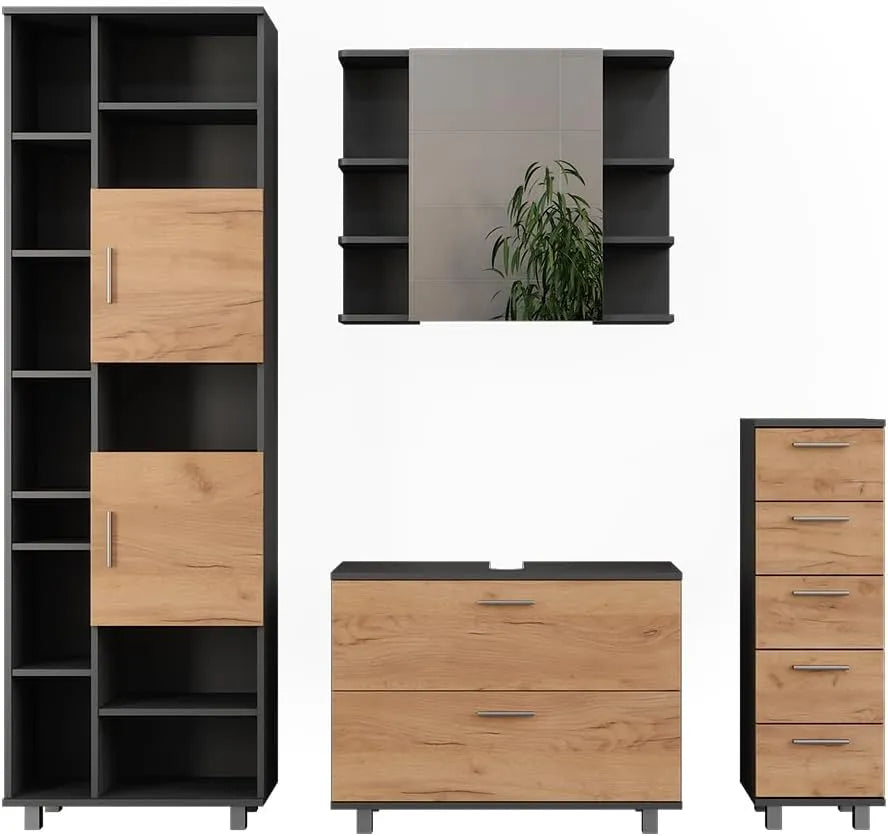 Ensemble de Salle de Bain Ilias, Chêne Doré et Anthracite, 4 Éléments avec Armoire Haute