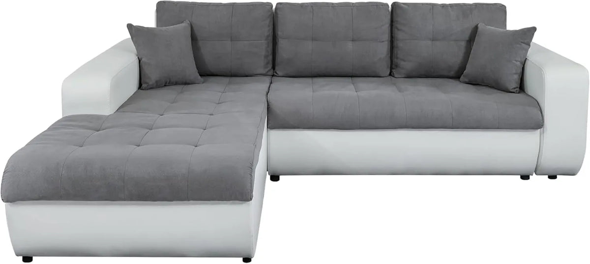 LOUNGITUDE - Canapé d'angle convertible 4 places - Tissu capitonné - Simili cuir/Microfibre - Gris/Blanc - Angle gauche 246cm