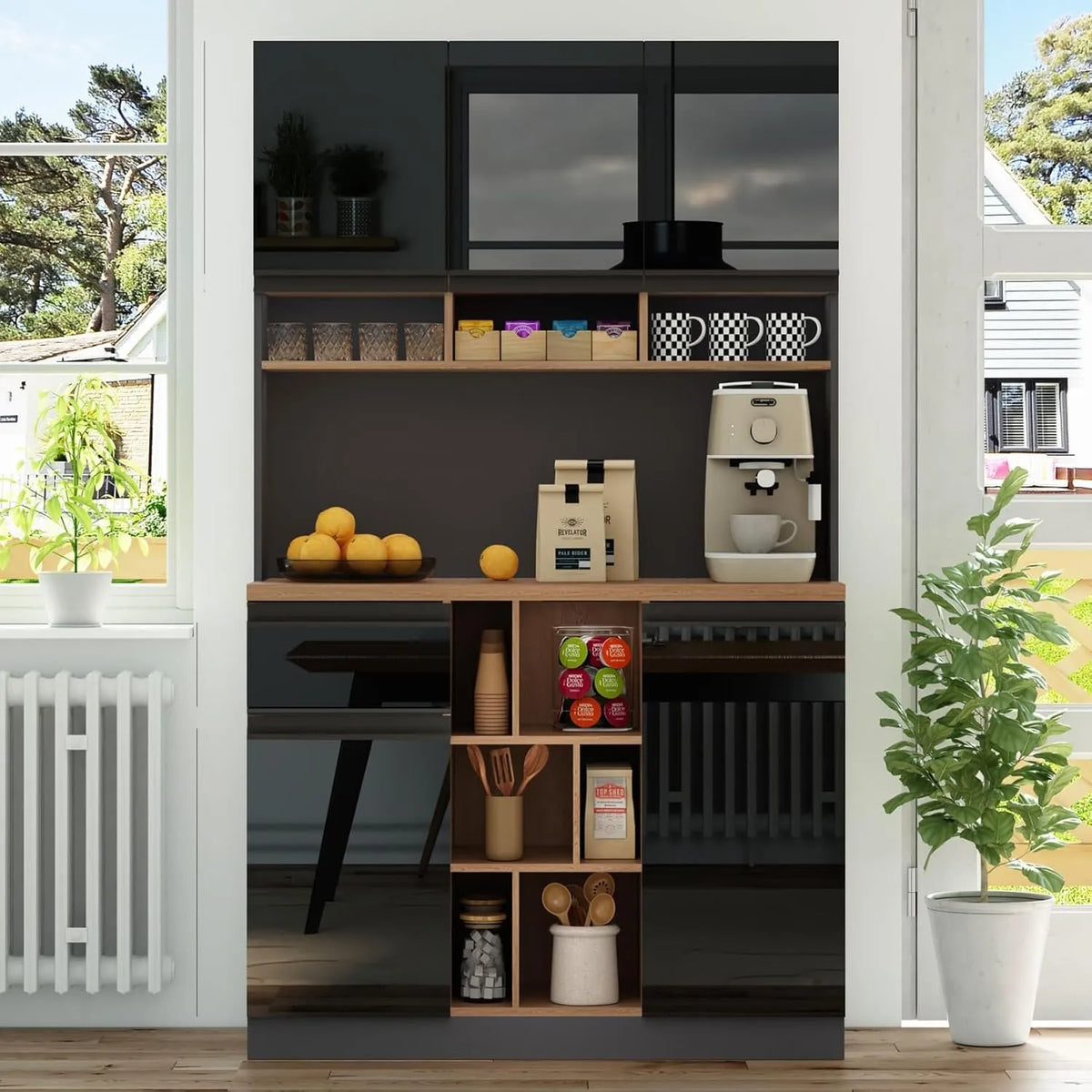 Buffet Haut de Cuisine Noir 105x45x185cm avec Étagères Réglables et Tiroirs