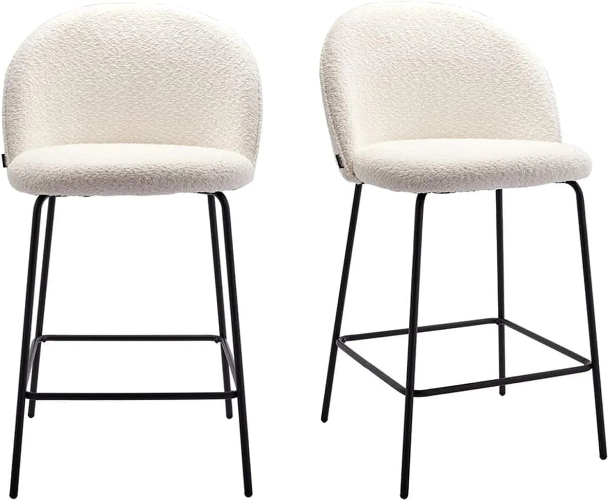 Ensemble de 2 Tabourets de Bar en Tissu Bouclette Écru avec Pieds Noirs - Design Alta