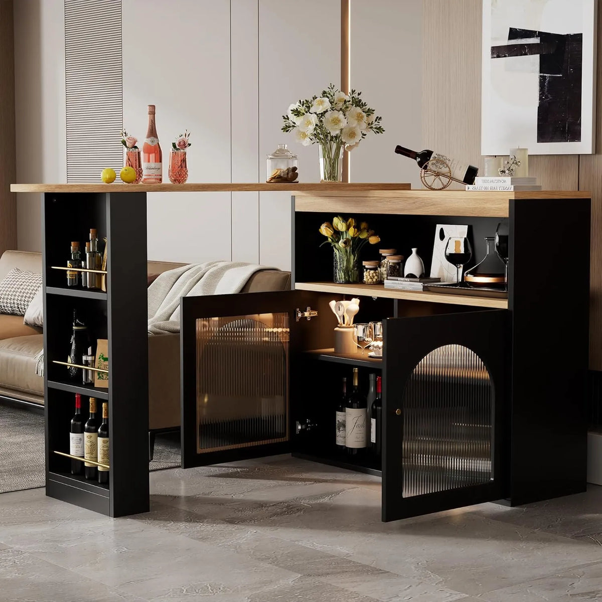 Table de bar extensible avec rangement et portes vitrées, rotation à 360°, étagères ajustables, idéale pour cuisine moderne