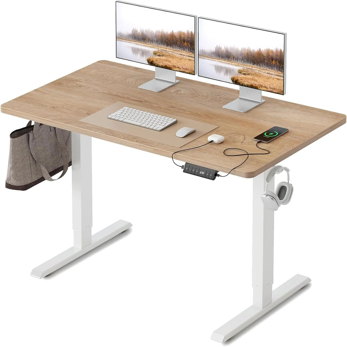 Bureau Électrique Réglable FEZIBO, 100x60 cm, avec Ports USB-A/USB-C, Chêne