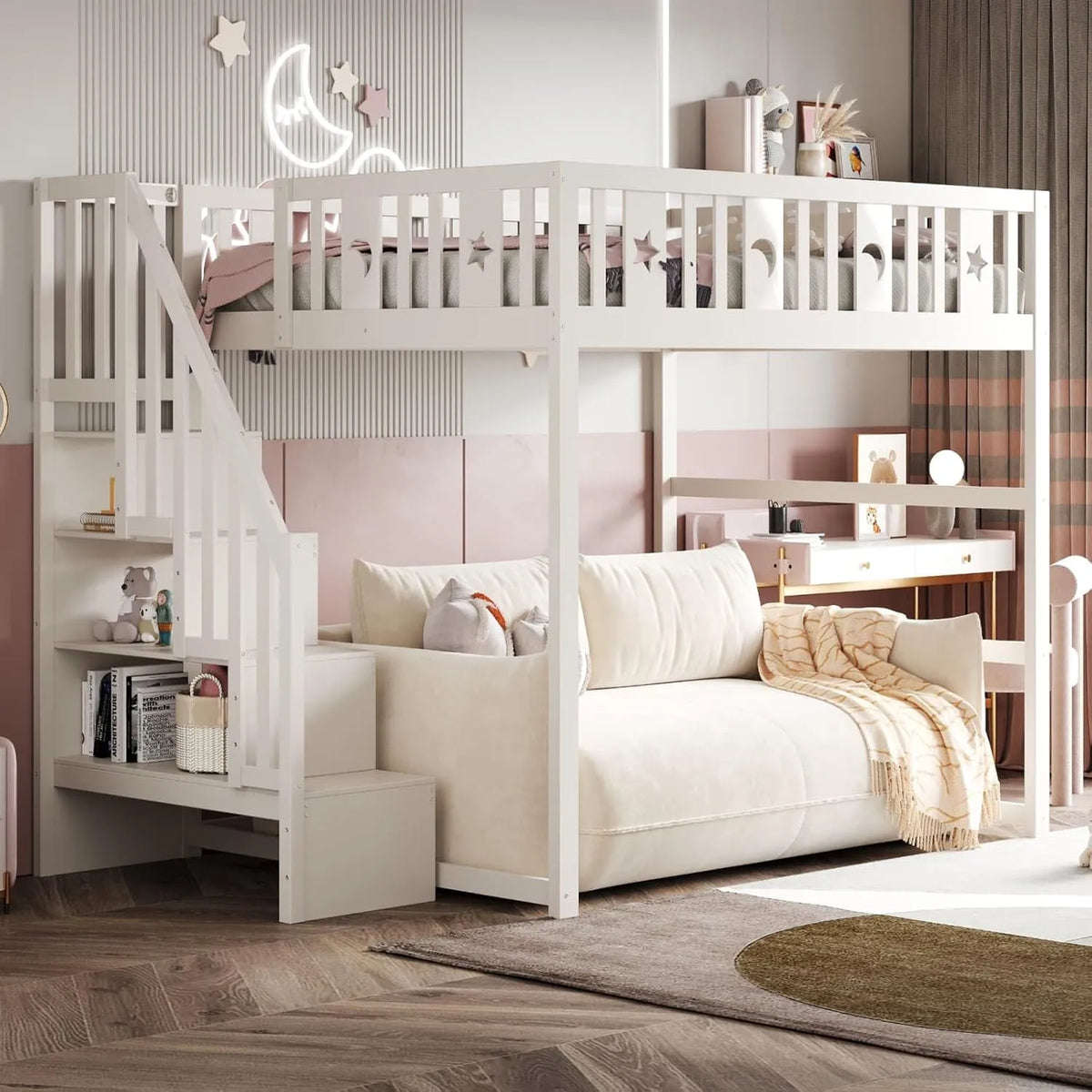 Lit Mezzanine en Bois Blanc 140x200cm avec Échelle et Barrière de Sécurité Étoilée