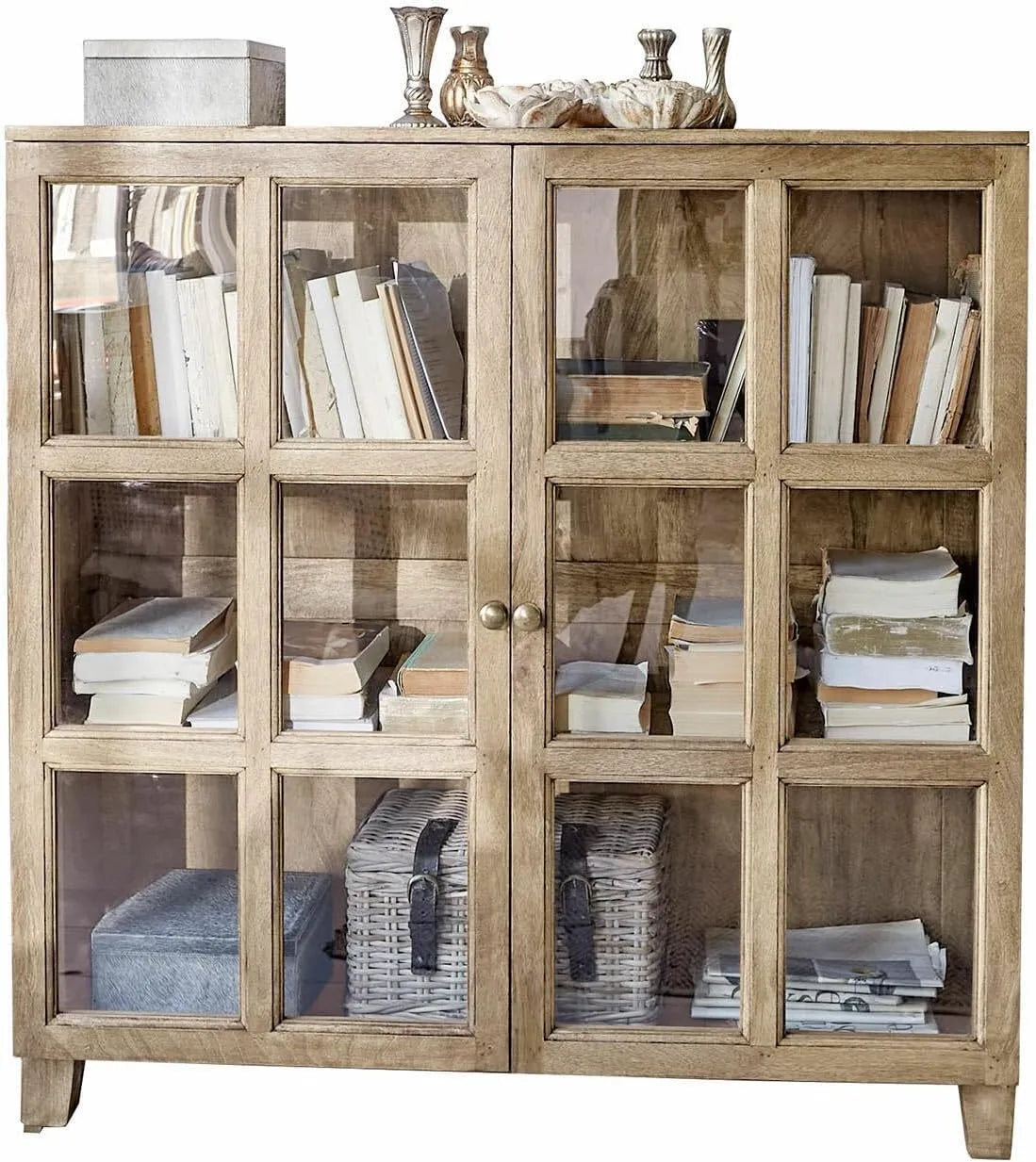 Commode en Bois de Manguier avec Portes en Verre, Design Rustique