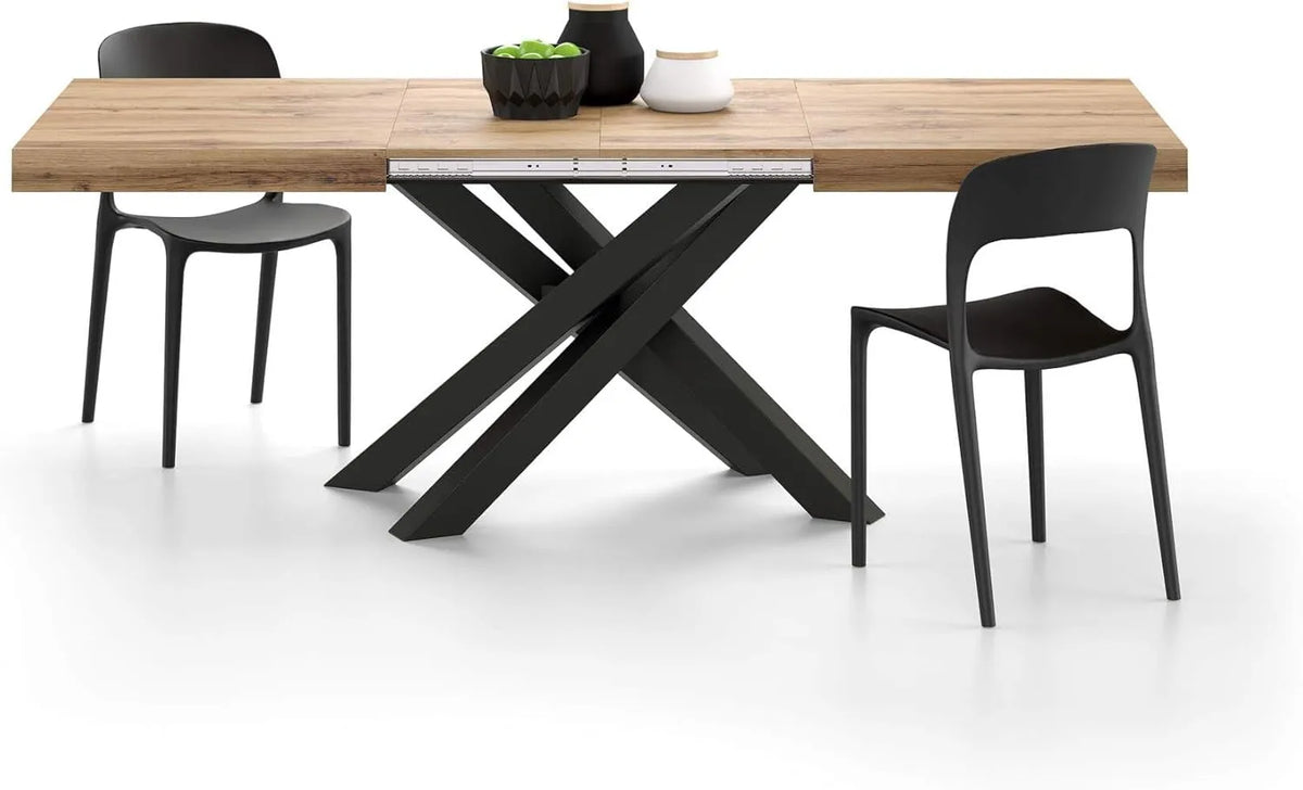 Table à Manger Extensible Emma en Bois Rustique et Pieds Noirs, 6-10 Personnes, Fabriquée en Italie