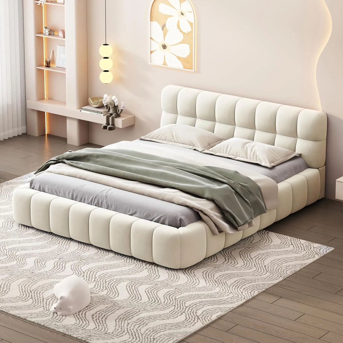Lit double en lin 140x200 cm avec tête de lit capitonnée, cadre métallique et sommier à lattes