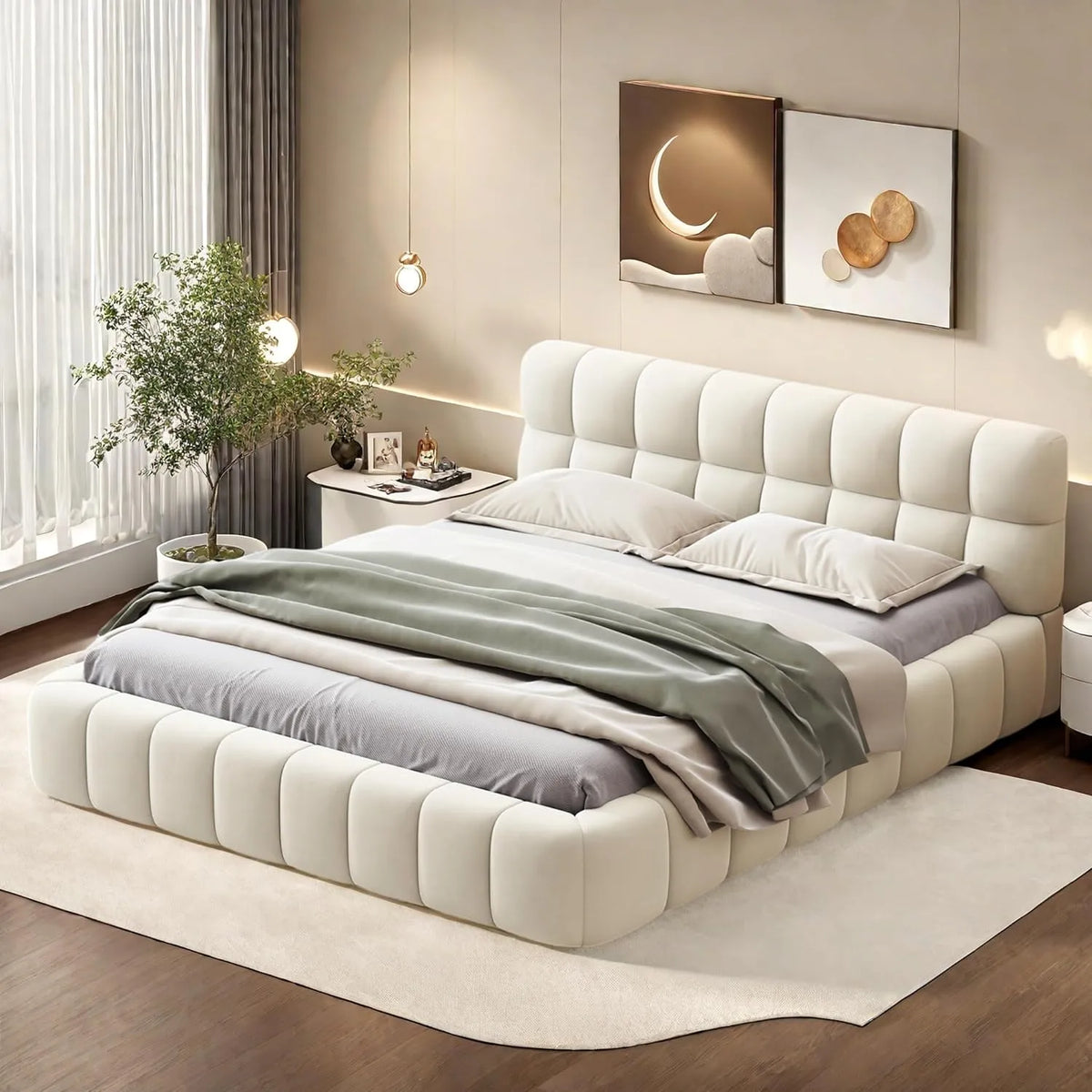 Lit Double 140x190 cm avec Sommier à Lattes - Design Capitonné Élégant pour Chambre Adulte