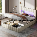 Lit double 180x200 avec rangement, LED et ports USB, structure capitonnée en lin beige