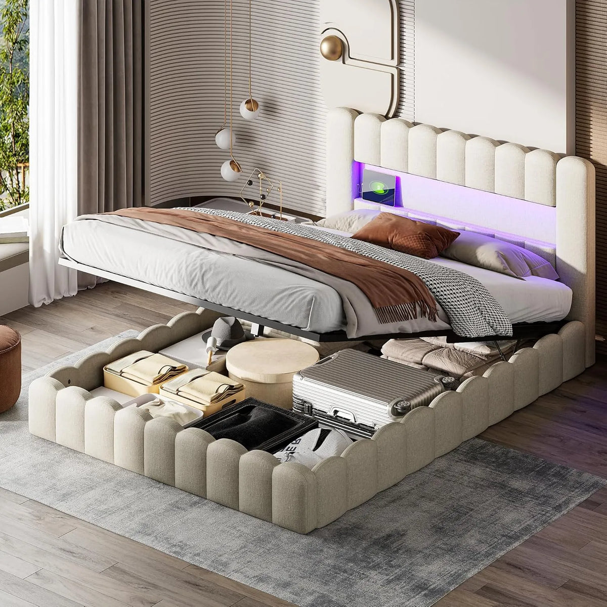 Lit double 180x200 avec rangement, LED et ports USB, structure capitonnée en lin beige