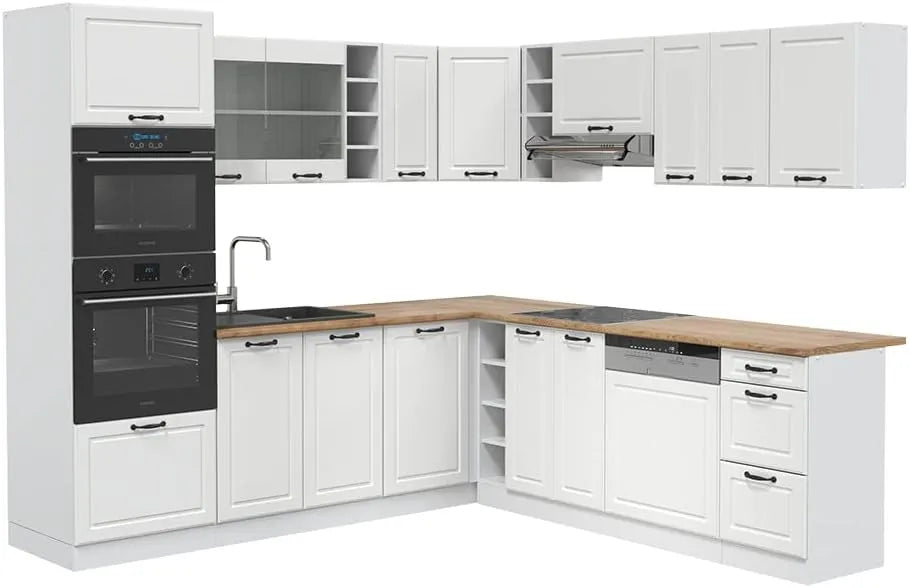 Cuisine d'Angle Vicco R-Line, Blanc Campagne/Blanc, 237 x 247 cm, Plateau Chêne