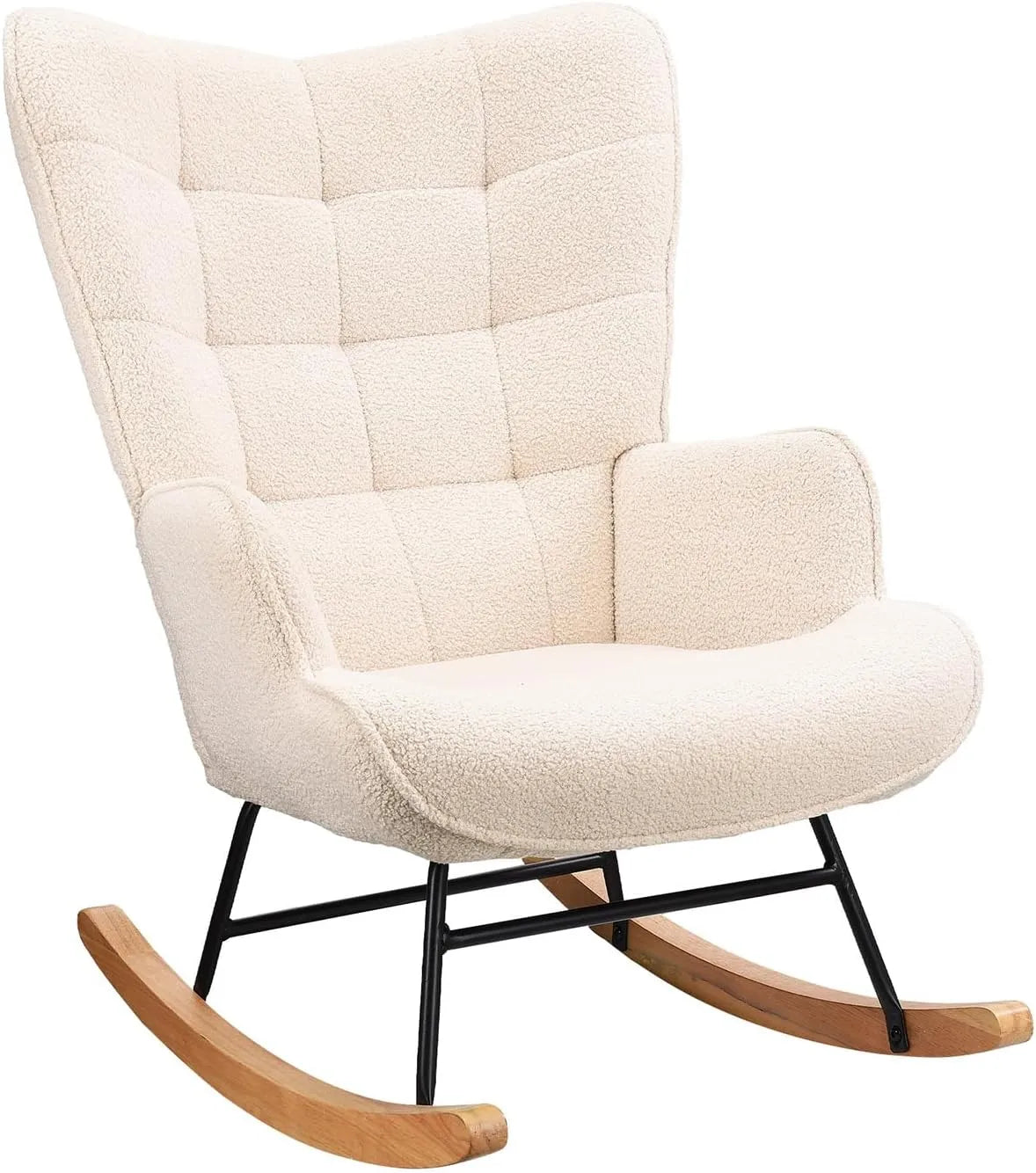 Chaise Berçante Confortable en Velours Beige avec Pieds en Bois Massif pour Salon et Balcon