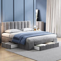 Lit Double 160x200 avec Sommier, Rangement et Tête de Lit en Velours - 4 Tiroirs Inclus
