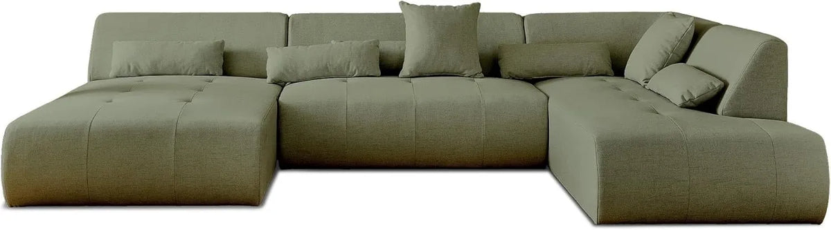 Lisa Design - Grand Canapé d'Angle Droit Panoramique - Tissu Vert Sauge - Sofa XXL 7 Places