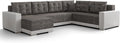 Canapé d'angle panoramique réversible 7 places avec coffre, convertible en tissu, gris/blanc