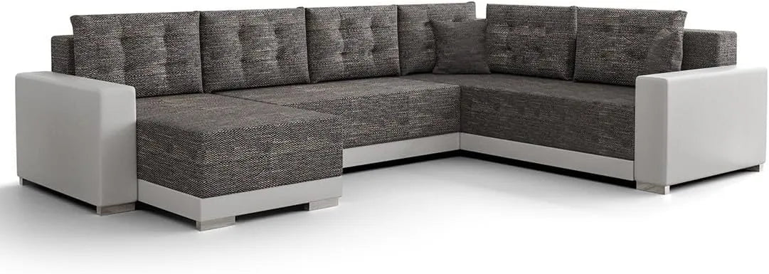Canapé d'angle panoramique réversible 7 places avec coffre, convertible en tissu, gris/blanc