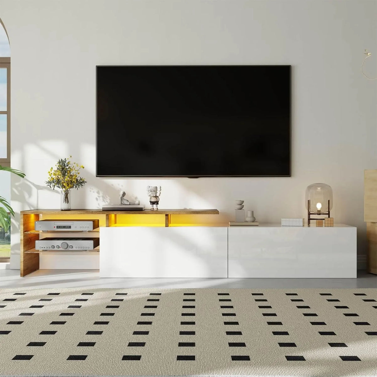 Buffet TV Moderne avec Étagères en Verre et LED, Armoire de Rangement avec Tiroirs pour Salon et Chambre (Blanc et Bois Naturel)