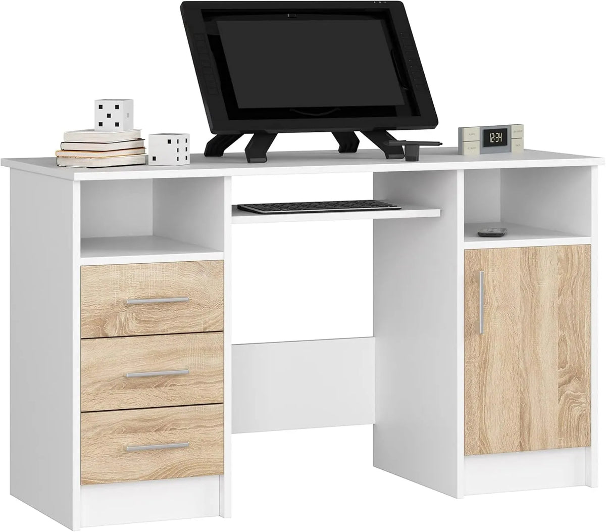 Bureau Informatique Moderne Ana avec Rangement, Étagères et Tiroirs - Blanc et Chêne Sonoma