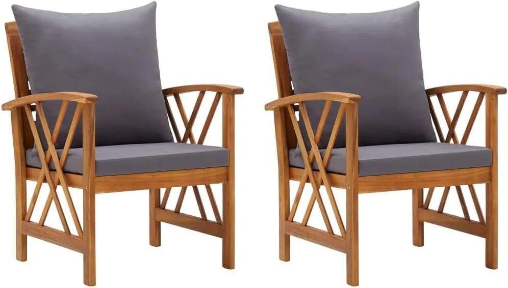 Ensemble de 2 chaises de jardin en bois d'acacia avec coussins gris anthracite, style moderne et résistant, pour extérieur et intérieur