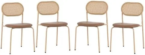 Ensemble de 4 chaises de salle à manger modernes en rotin avec pieds en métal, pour salon et chambre, couleur marron