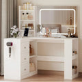 Coiffeuse d'Angle Blanche avec Éclairage LED Réglable, Miroir et Prise Intégrés, 3 Tiroirs et 7 Tablettes de Rangement, Style Contemporain
