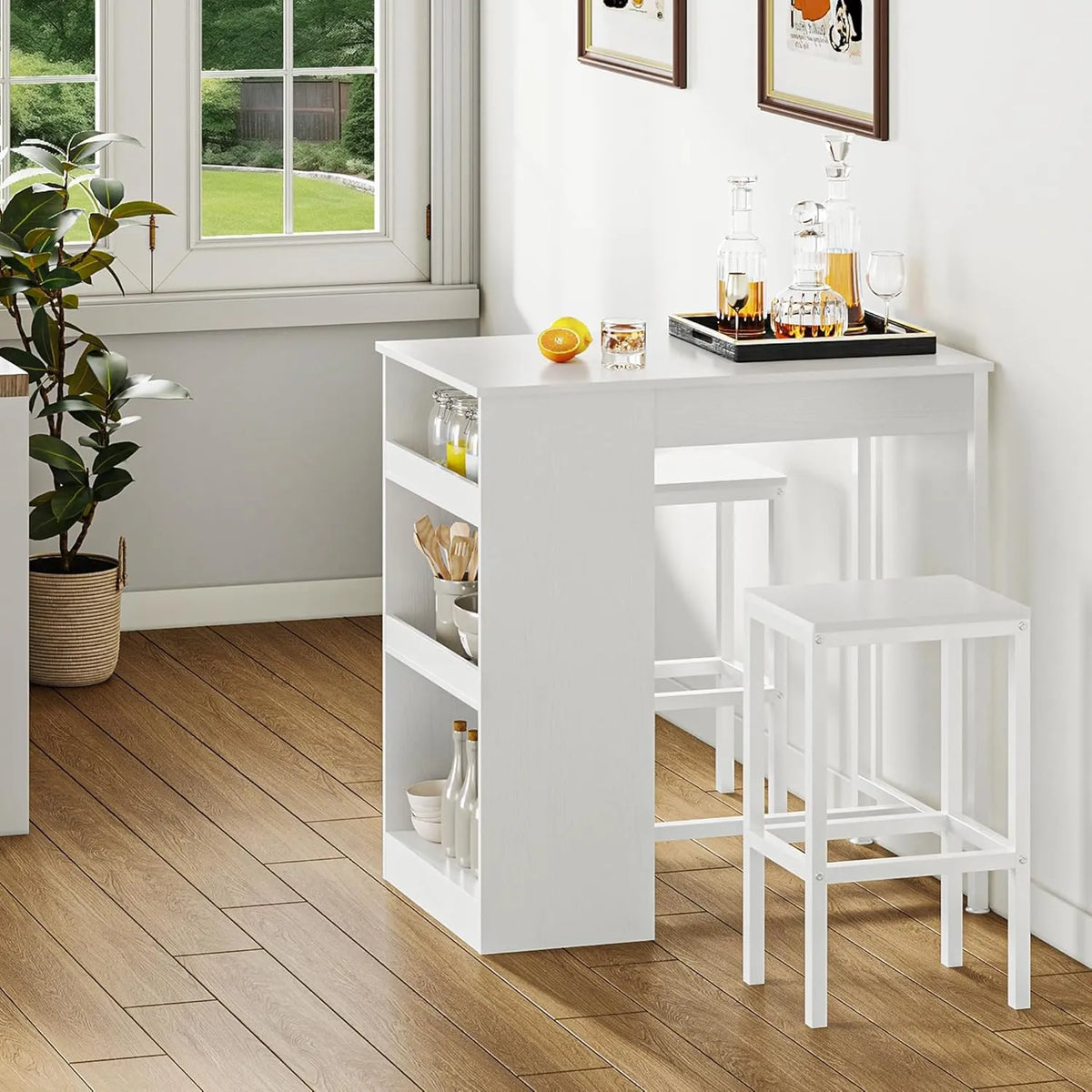 YITAHOME Ensemble de Table Haute avec Tabourets, 3 Étagères, pour Salle à Manger et Cuisine, Blanc