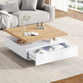 Table Basse Pivotante à 360°, 2 Niveaux avec Tiroir, Design Moderne, Cadre en Noyer, Finition Brillante, 70 x 70 x 36 cm, Blanc