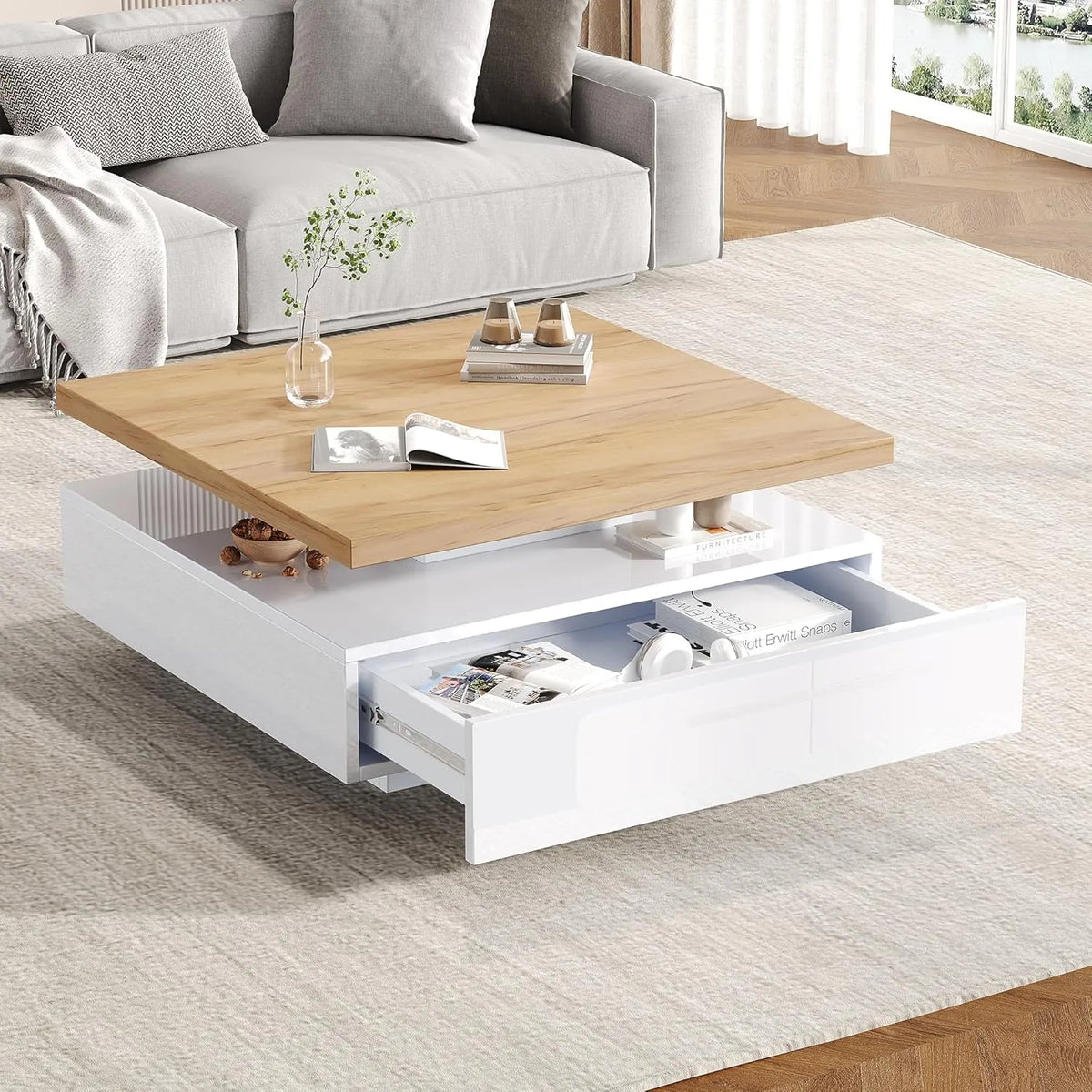 Table Basse Pivotante à 360°, 2 Niveaux avec Tiroir, Design Moderne, Cadre en Noyer, Finition Brillante, 70 x 70 x 36 cm, Blanc