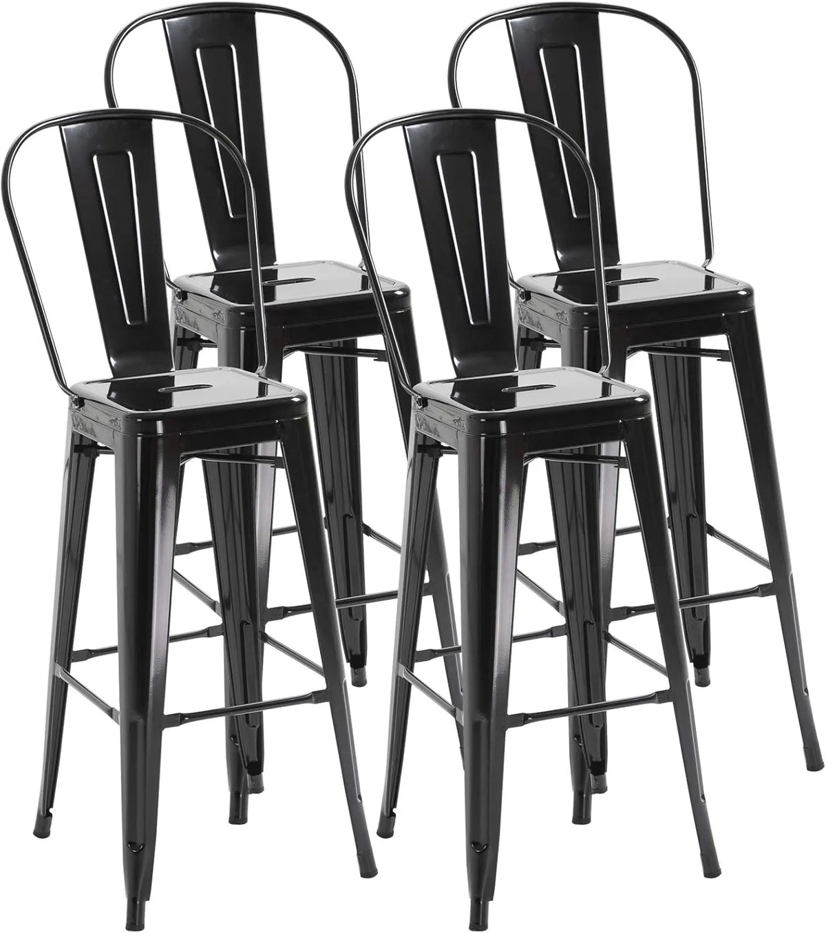 HOMCOM Ensemble de 4 Tabourets de Bar Industriels Empilables avec Dossier et Repose-pieds, Hauteur 76 cm, Métal Noir