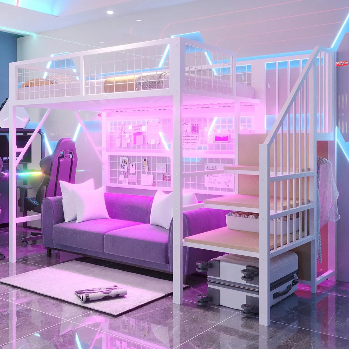 Lit Mezzanine Moderne en Métal 90x200 cm avec Éclairage LED et Rangement pour Enfants