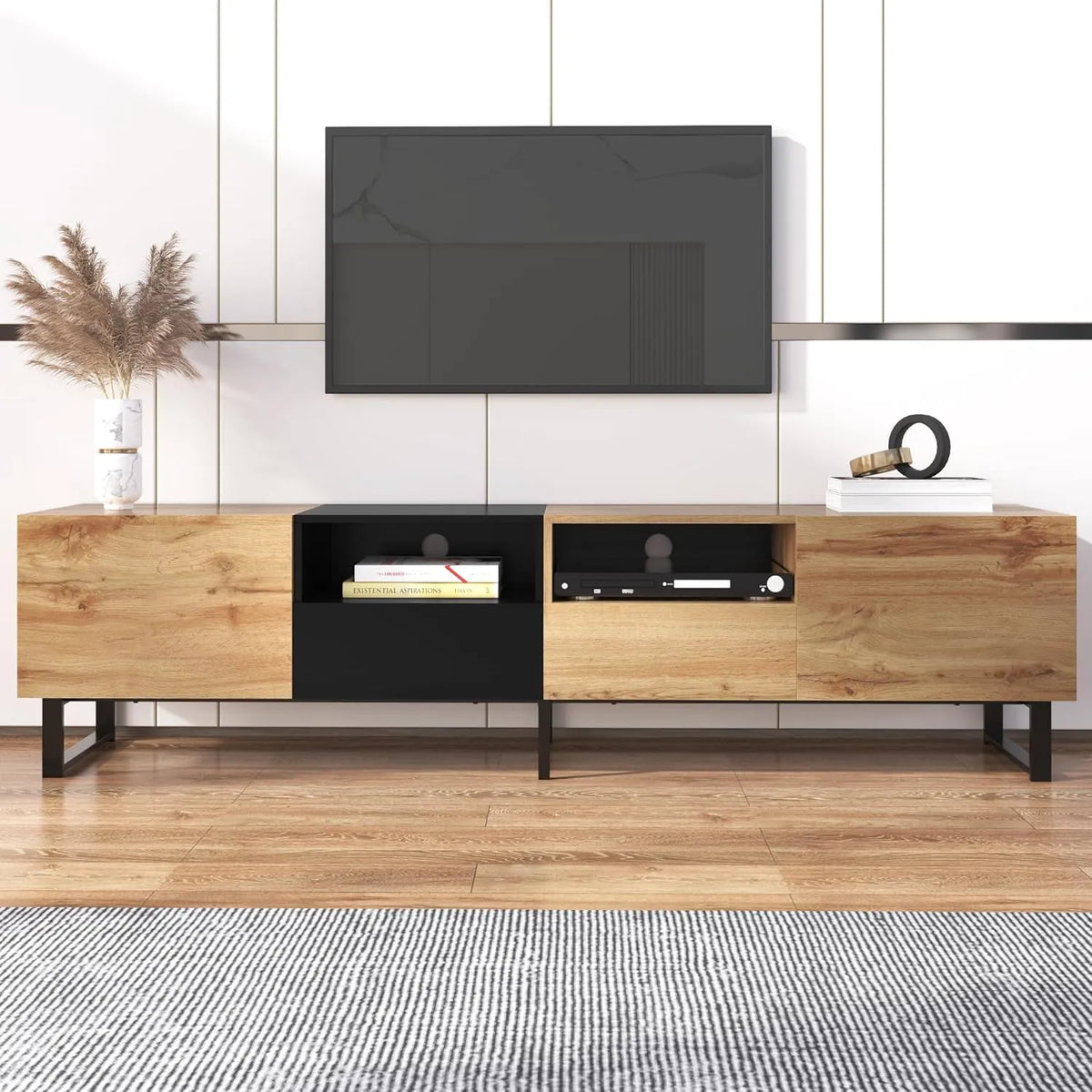 Meuble TV en Bois avec Portes et Tiroirs - 190x38x48 cm, Design Élégant pour Salon