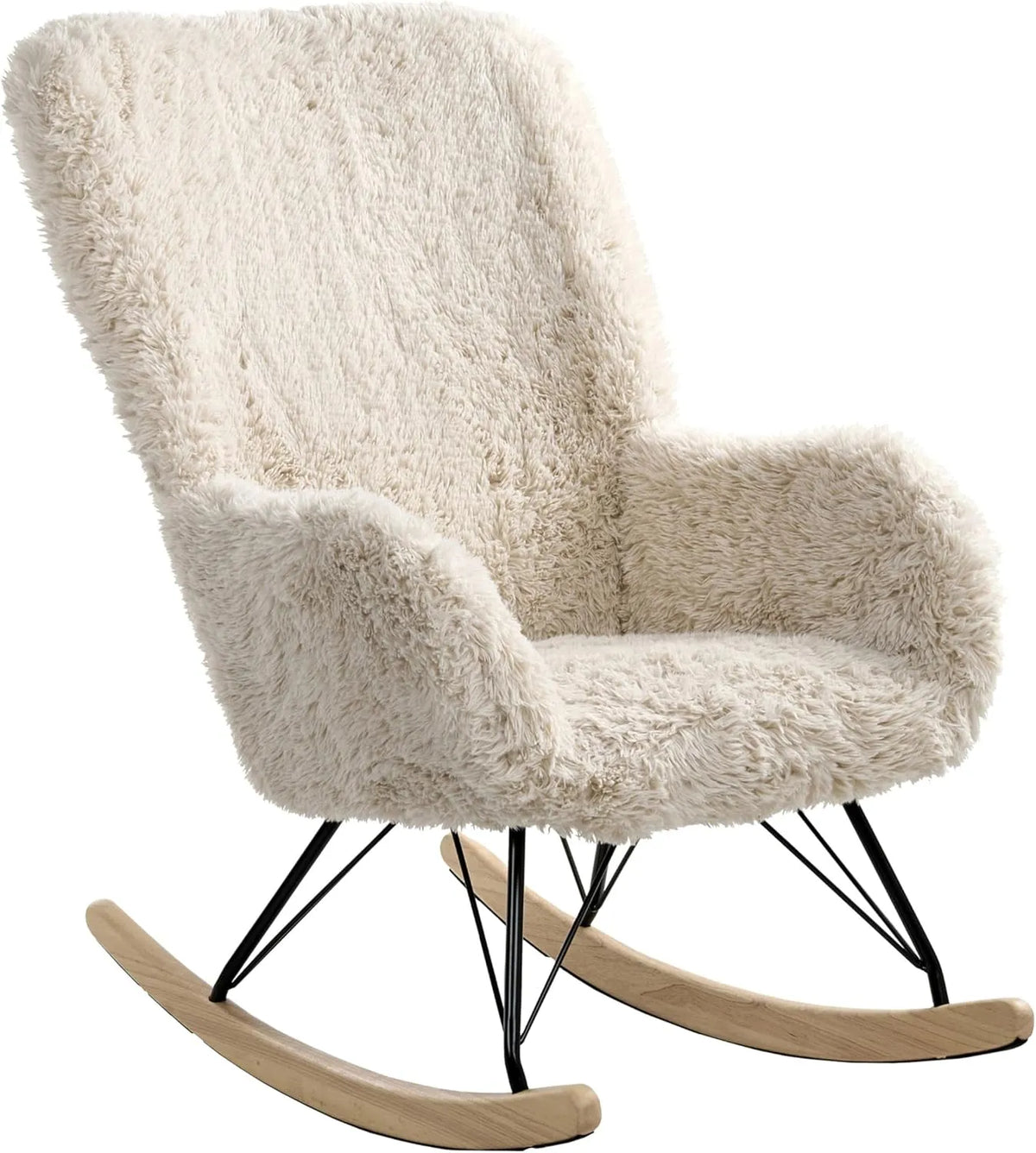 Fauteuil à Bascule Moderne en Fausse Fourrure Beige Clair pour Enfants - Pieds en Bois