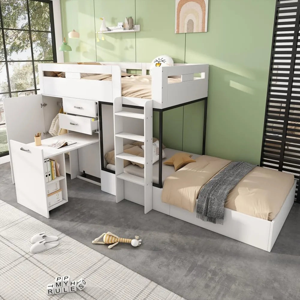 Lit Superposé Multifonction Enfant 90x200cm avec Bureau Intégré et Rangement