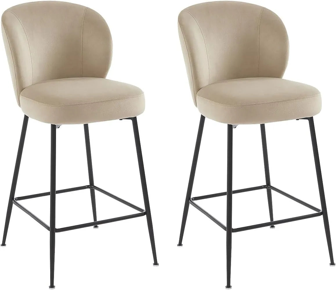 Lot de 2 Tabourets de Bar en Velours Beige et Métal Noir - Design Moderne