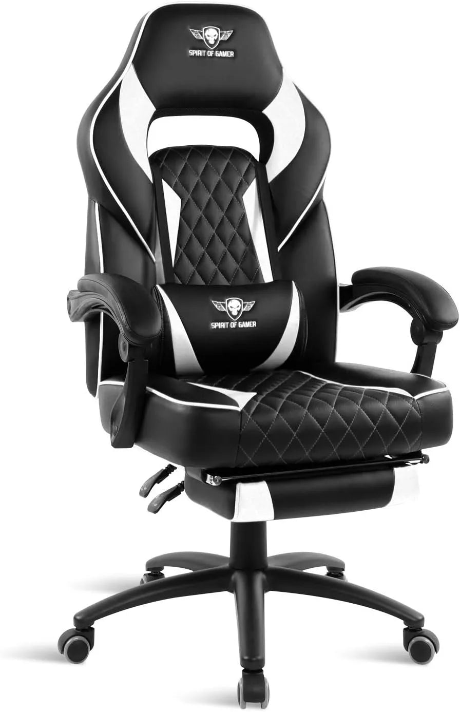 Chaise Gaming Mustang - Simili Cuir Blanc avec Repose-Pieds, Coussins Ergonomiques et Inclinable 135°