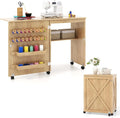 Table de Couture Pliante Compacte avec Rangement et Roulettes, Finition Naturelle