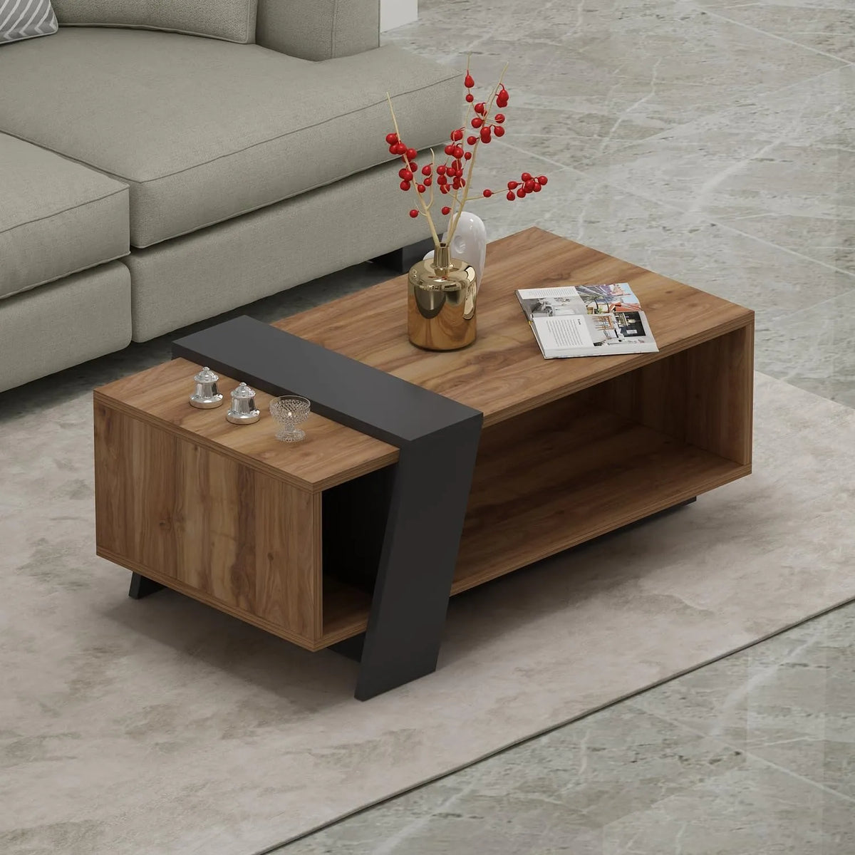 Table Basse Moderne HOMIDEA MELISA avec Étagère - Design Contemporain, Dimensions 91,8 x 48,8 x 35 cm, Couleur Briarsmoke