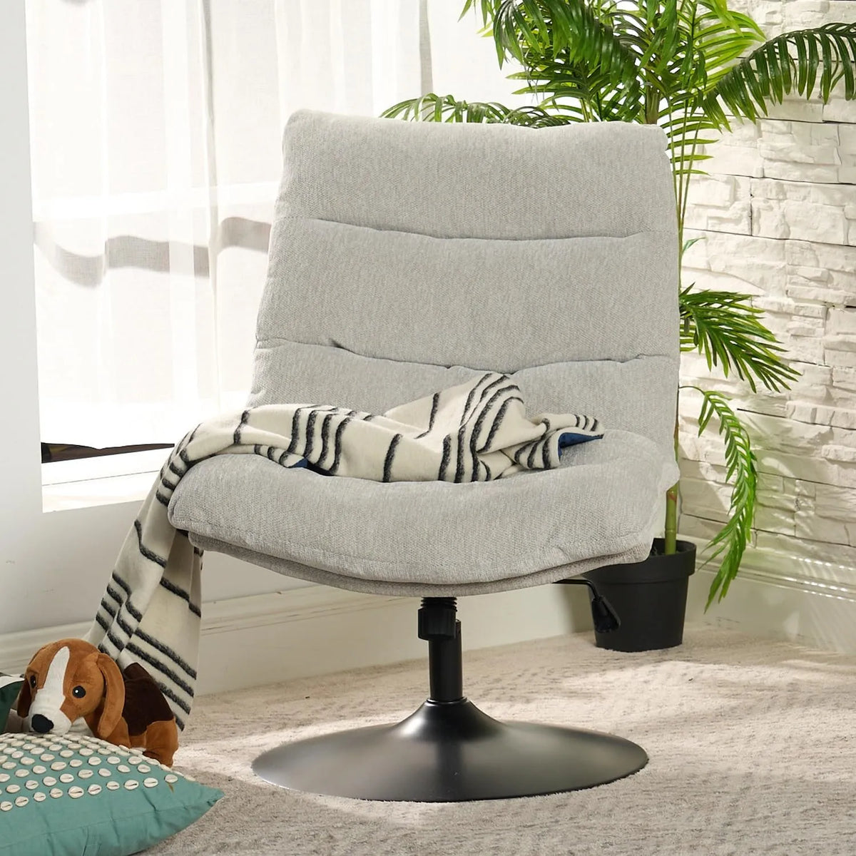 Fauteuil de Salon Pivotant 360° Réglable en Hauteur avec Dossier en Tissu Chenille Gris