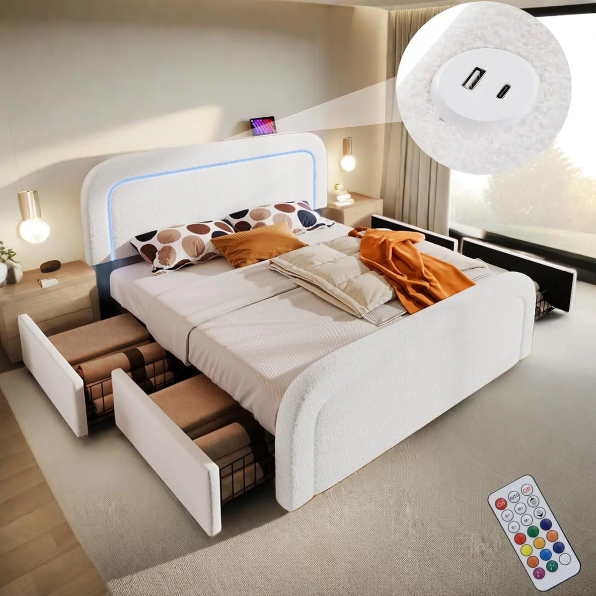 Lit Double 160x200 avec Rangement et Chargement USB, LED Intégrée, Tiroirs et Sommier à Lattes en Bois