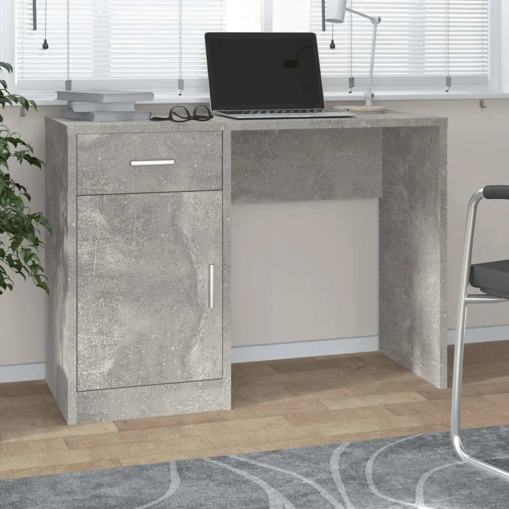 Bureau moderne en bois reconstitué gris béton avec rangement, 100x40x73 cm, pour maison et bureau, équipé de tiroir et armoire