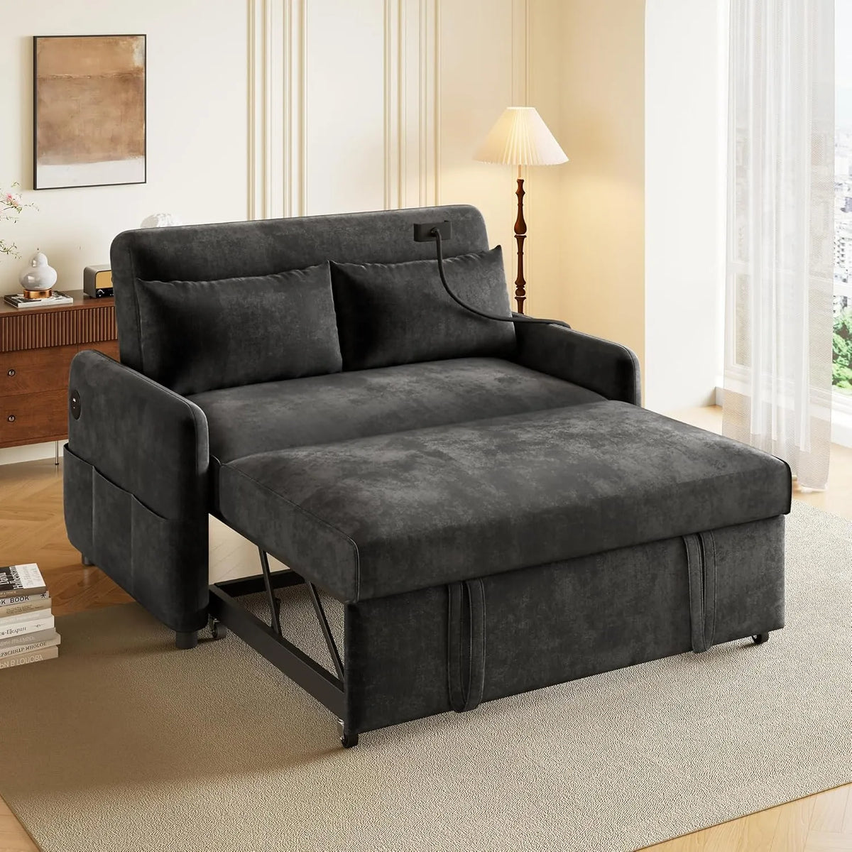 Sofa Lit 2 Places Moderne avec USB et Support Téléphone, Dossier Réglable, Gris