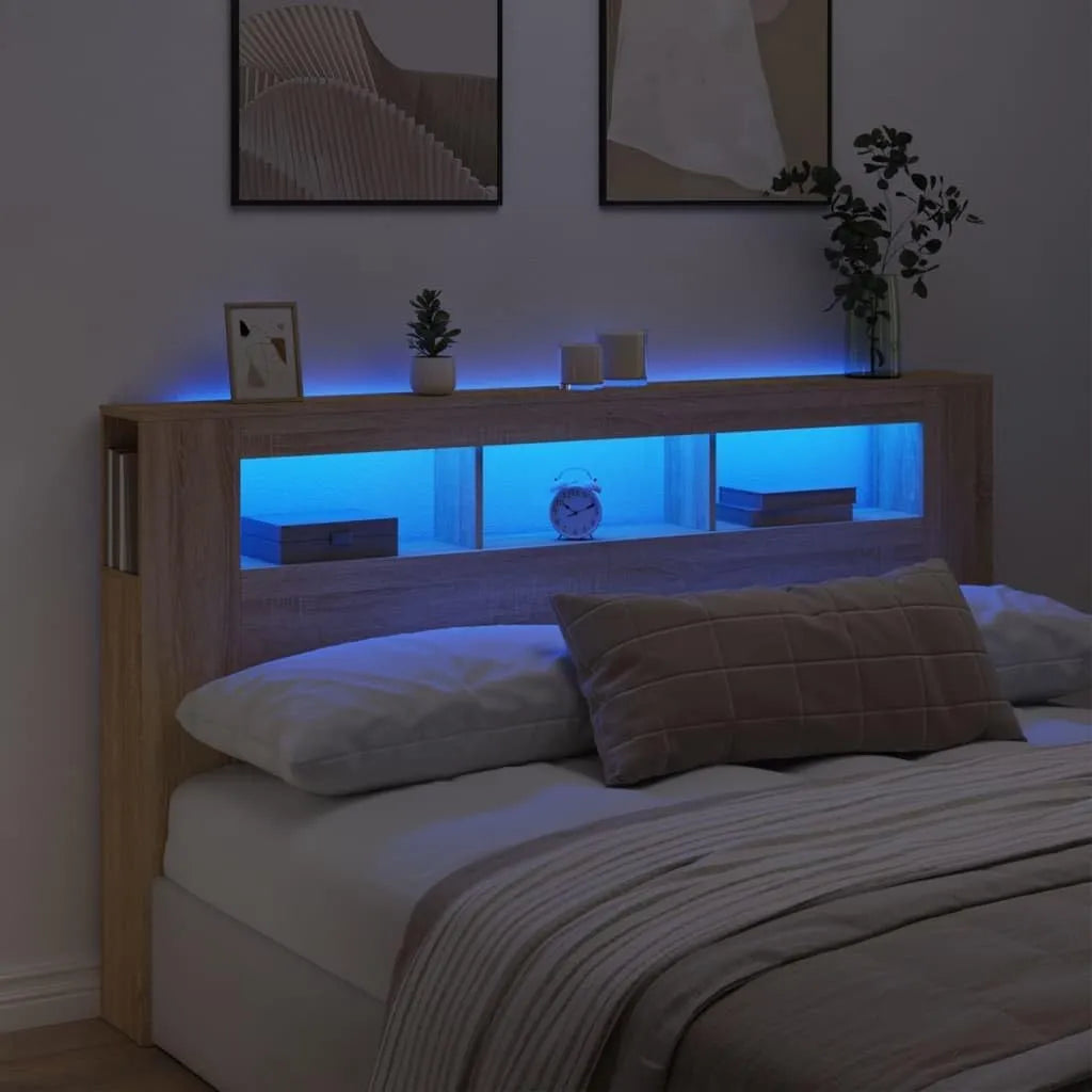 Tête de lit à LED en chêne Sonoma 180 cm avec rangement intégré