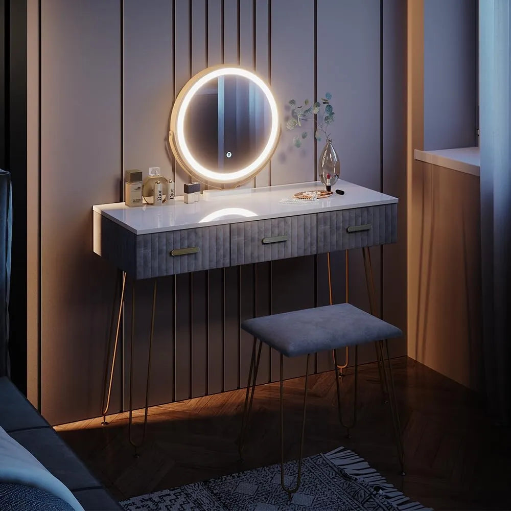 Table Coiffeuse Layla 100 cm avec Éclairage LED et Tabouret, Gris/Blanc