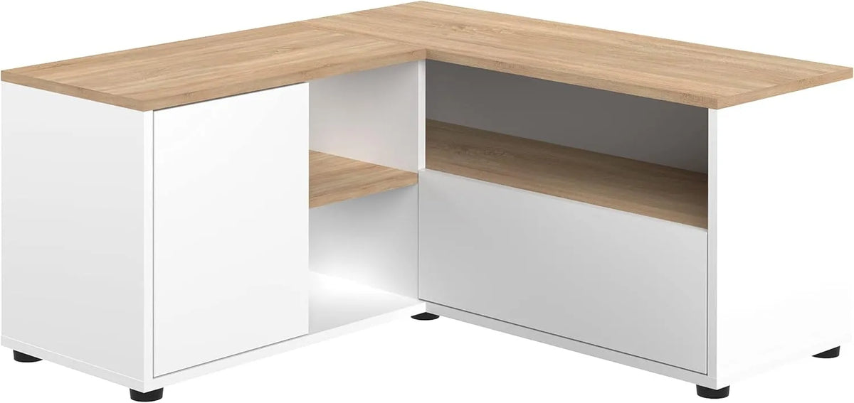 Meuble TV d'Angle Symbiosis en Blanc et Chêne Naturel, 90x90x45 cm