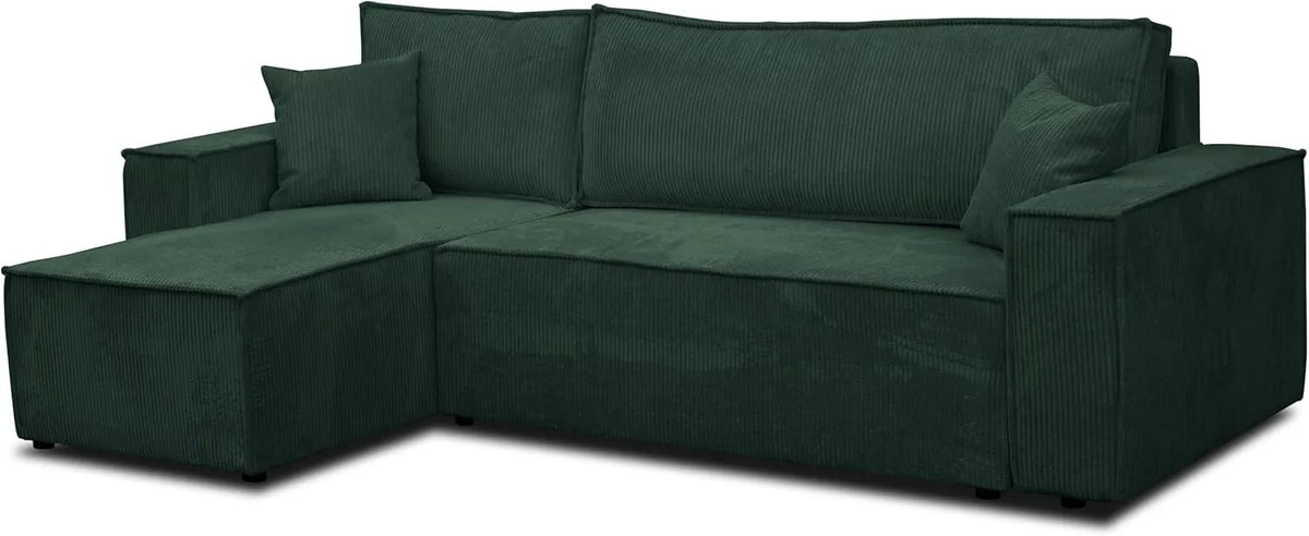 Canapé d'angle convertible en tissu côtelé vert avec rangement