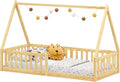 Lit Cabane Montessori 90x190 cm en Pin Massif pour Enfants - Nicolas, avec Barrières de Sécurité, Finition Naturelle